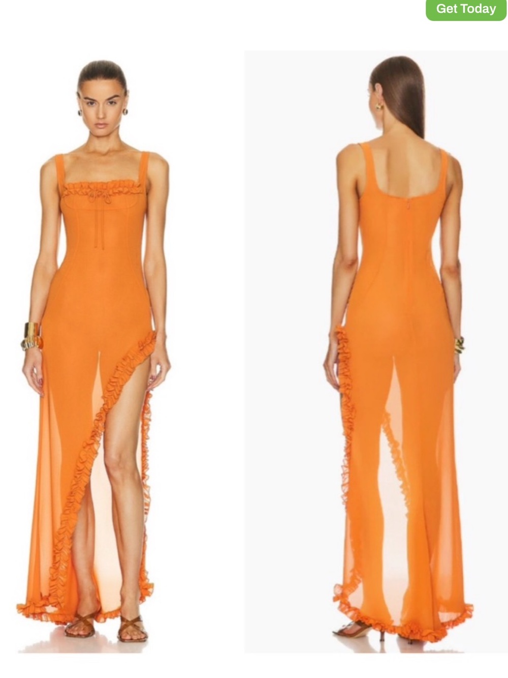 HELSA Sheer Ruffled Long Orange Dress
